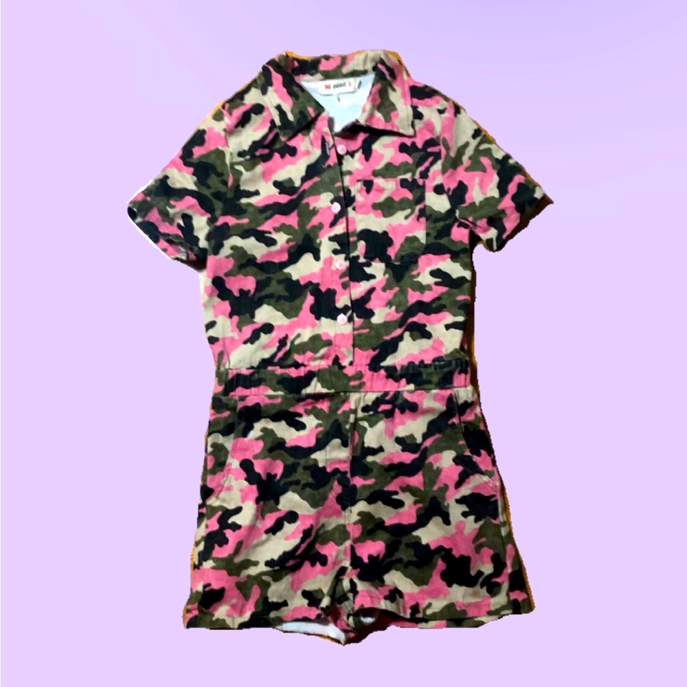 Pink camo button up romper bodysuit